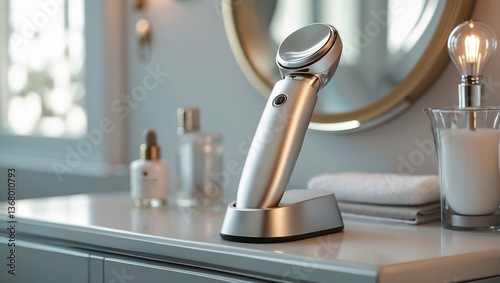 High-tech beauty gadget on a bathroom countertop with skincare products in a modern setting photo