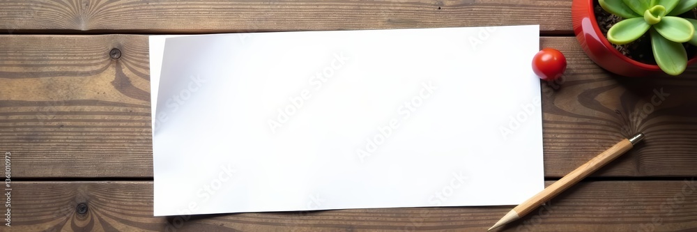 Obraz premium Blank white paper sheet on rustic wooden tabletop, office, copyspace, background