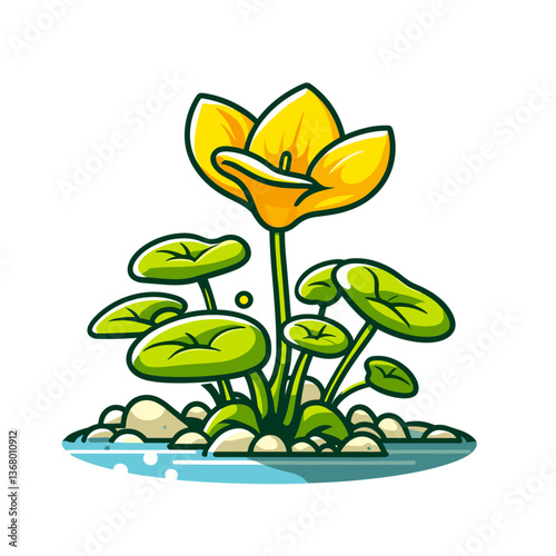 Vector illustration of yellow water lily with lily pads in blue water. Ideal for water garden design, pond landscaping resources, and aquatic plant guides.