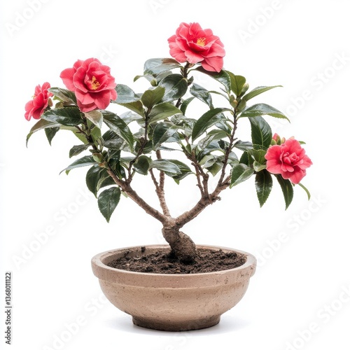 Wallpaper Mural Pink Camellia Bonsai Tree in Brown Pot on White Background Torontodigital.ca