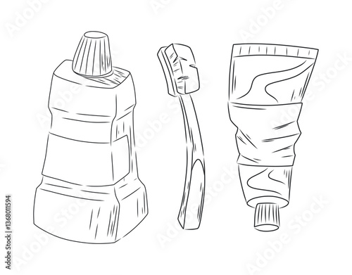 Hand-drawn vector illustration of dental hygiene items, including a toothbrush and toothpaste tube. Simple black and white line art for oral care, dentistry, and health-related designs.