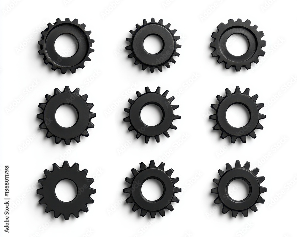 A collection of six intricately designed black gears, varying in size and shape, arranged artfully on a clean white background, showcasing their mechanical details and textures. A collection of six intricately designed black gears, varying in size and shape, arranged artfully on a clean white background, showcasing their mechanical details and textures.