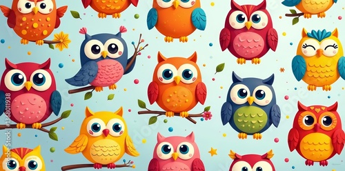 Brightly colored funny owls in a seamless design, owls, funny, vibrant