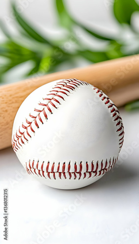 Close-up of baseball and bat with greenery