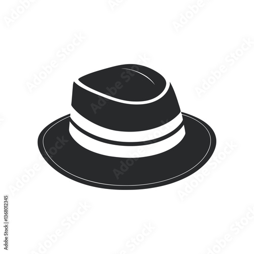 A black and white vector illustration of a vintage cowboy hat with a curved brim and structured crown on a white background