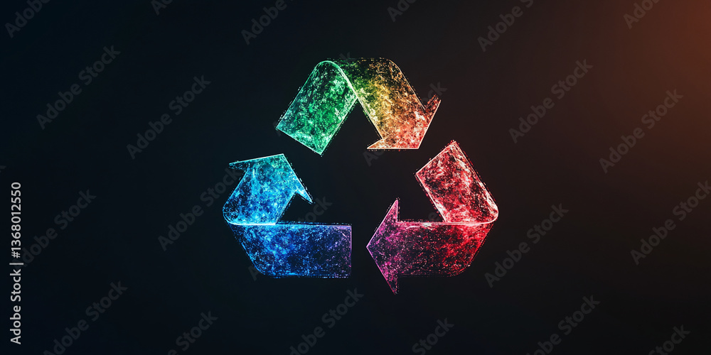 Obraz premium Rainbow-colored recycle symbol, rendered as a glowing, particle-based 3D model against a dark background, representing sustainability and environmental consciousness