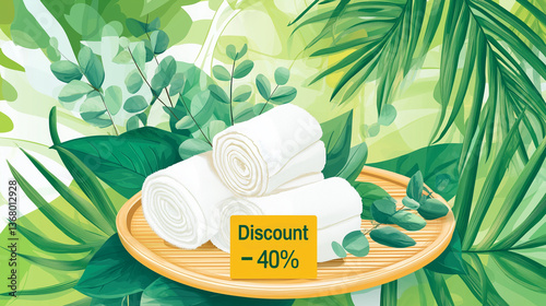 Spa setting with rolled towels and 40% discount tag promoting wellness services