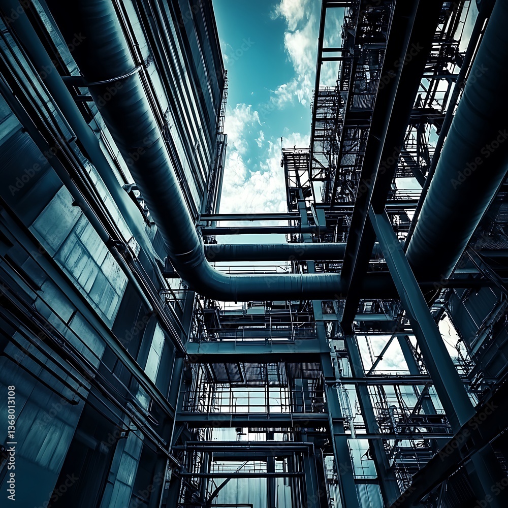 Fototapeta premium Industrial Complex Steel Structure and Pipelines Against a Cloudy Sky. A low-angle perspective showcases the intricate network of metal frameworks and large pipes within a modern industrial setting.