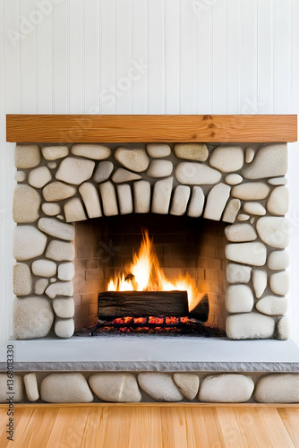 Cozy stone fireplace with burning wood logs