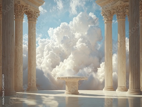 Celestial Scene: Ancient Greek Columns and Table with Fluffy Clouds and Blue Sky
