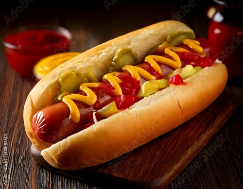 A hotdog with tomato ketchup and mustard