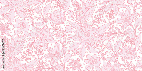 Seamless floral pattern of flowers and leaves in soft pink line drawings on a white background. Ideal for wallpapers, fabric patterns, clothing, home textiles, gift wrap, stationery.