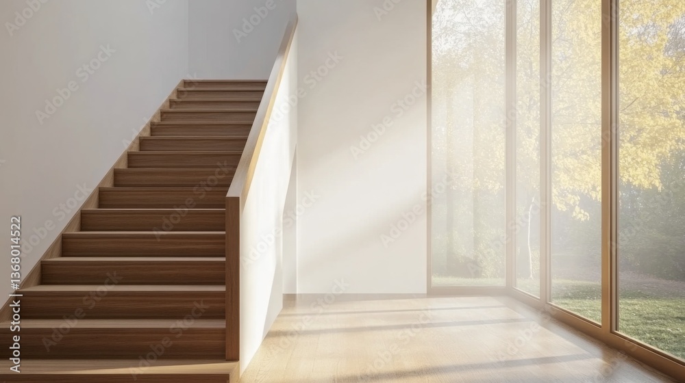 Fototapeta premium An elegant staircase in a minimalist home, showcasing wooden steps and a simple railing, leading to a bright upper level with large windows and natural light.