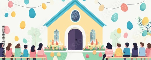 Easter church craft Colorful illustration of a gathering outside a cheerful house decorated for an event.