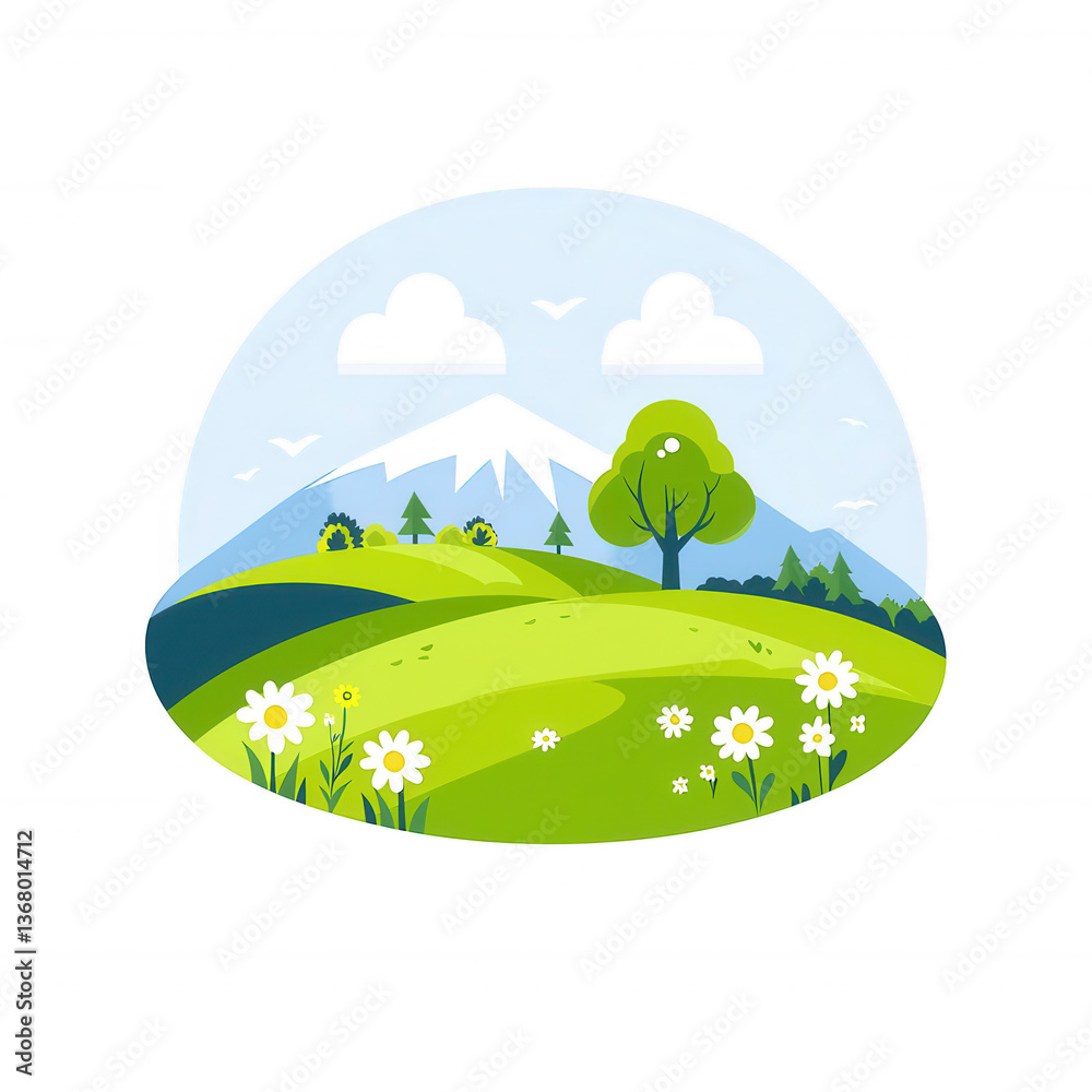 Obraz premium Beautiful illustration of rolling hills with a mountain backdrop, lush greenery, and scattered yellow flowers. The sky is bright with clouds and birds, creating a serene landscape.