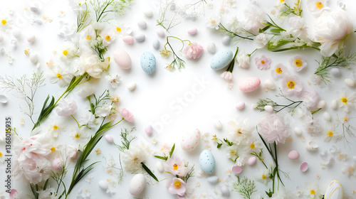 Easter. Floral Easter frame with tulips and painted eggs on the white background. 