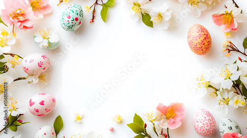 Easter. Floral Easter frame with tulips and painted eggs on the white background. 