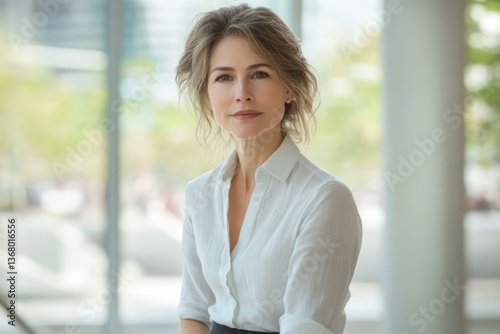 A confident middle-aged woman in a white shirt, posing for a professional portrait. Free Download A confident middle-aged woman in a white shirt, posing for a professional portrait. - GFXLoad