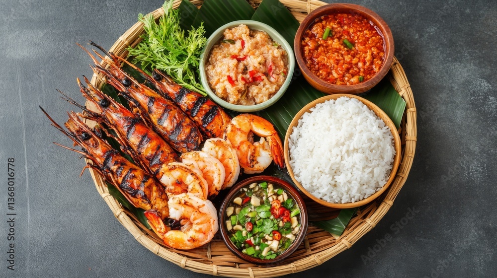 An overhead shot of grilled prawns served with steamed rice, placed on a woven bamboo tray for an authentic and traditional presentation. An overhead shot of grilled prawns served with steamed rice, placed on a woven bamboo tray for an authentic and traditional presentation.