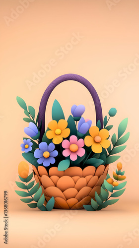 Colorful 3D-rendered flower basket on a peach background