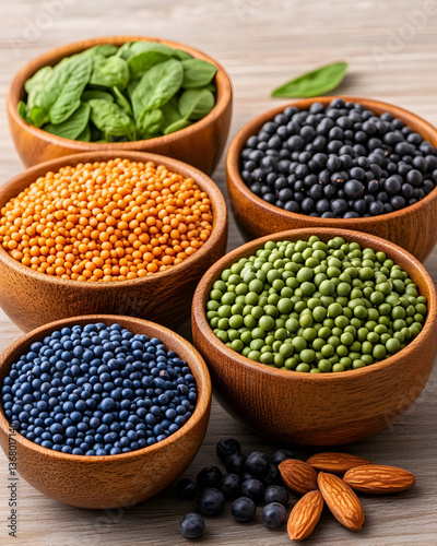 Colorful assortment of lentils, spinach, and almonds in wooden bowls