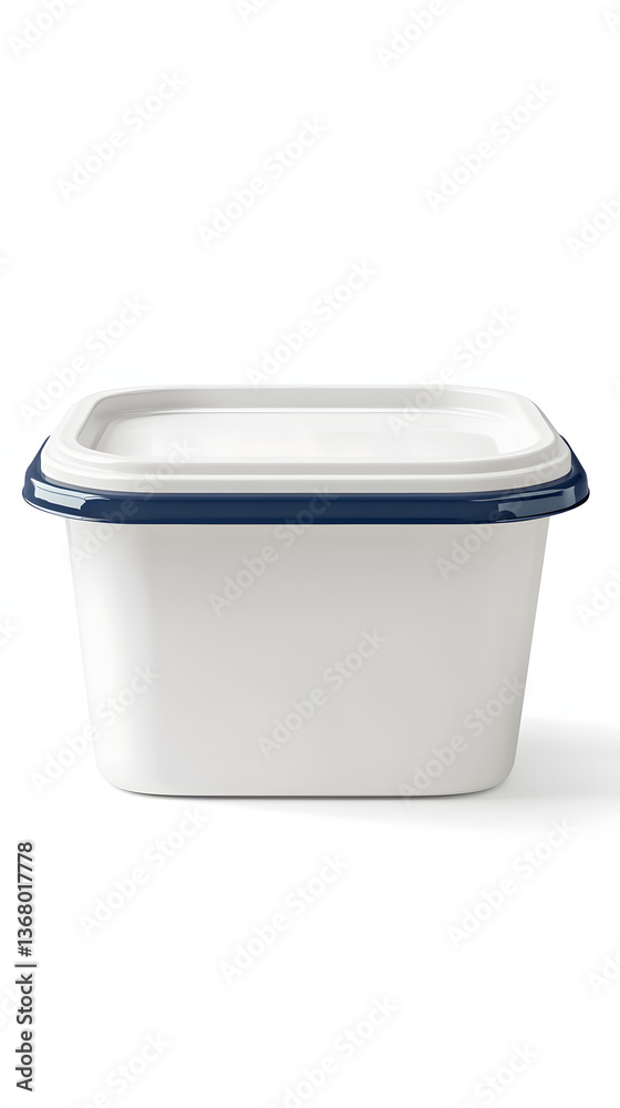 Sealed rectangular plastic food container with white body and navy blue rim featu a snug-fitting lid ideal for meal prep and storage needs Sealed rectangular plastic food container with white body and navy blue rim featu a snug-fitting lid ideal for meal prep and storage needs