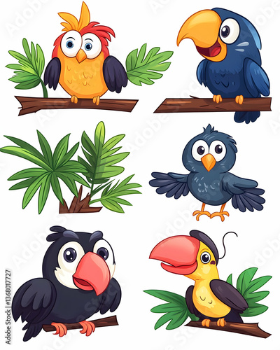 Colorful cartoon birds perched on branches, tropical plants
