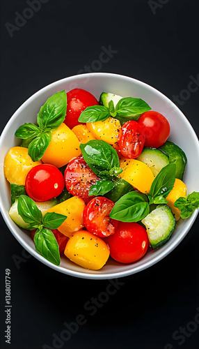 Colorful cherry tomato and cucumber salad with basil in a bowl