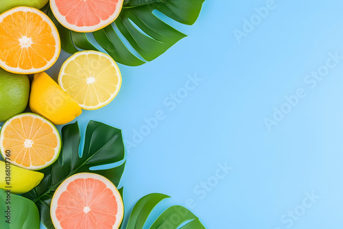 Colorful citrus fruit slices & tropical leaves on blue