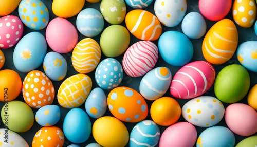 Colorful decorated eggs forming a festive Easter background