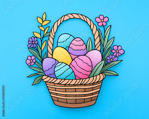 Colorful Easter eggs in a woven basket with spring flowers on a blue background