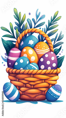 Colorful Easter eggs in a woven basket with spring leaves
