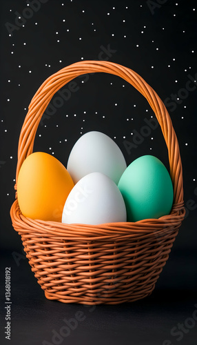 Colorful Easter eggs in wicker basket against dark background