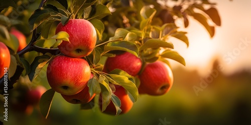 Red apples on a tree in an apple orchard at sunset, with a blurred background. High-resolution photography, a realistic photo with high detail, a stock photo, a close-up bokeh background