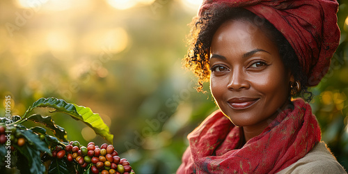 Portrait of a female farmer entrepreneur with a harvest of coffee beans on a plantation