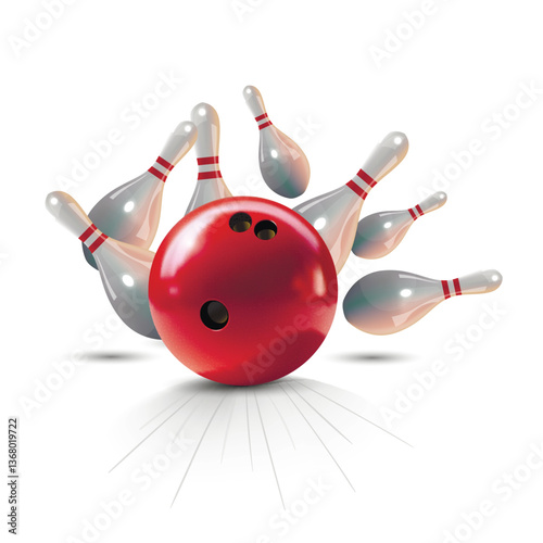 Bowling strike hit with red ball hitting seven pins in the alley