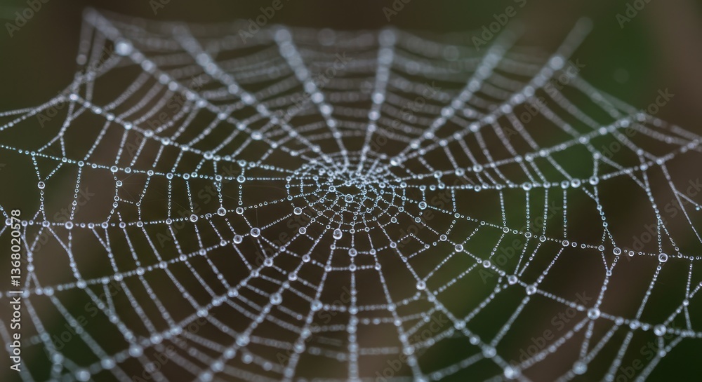 Obraz premium Intricate spider web adorned with dew drops, captured in a serene natural setting