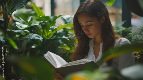 Young Woman Reading a Book Surrounded by Lush Green Plants in a Serene Indoor Environment