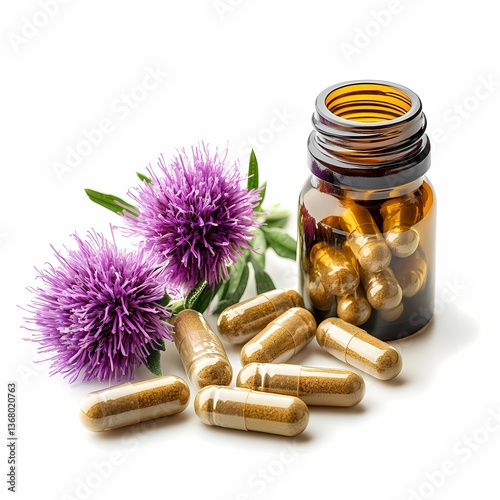 Milk Thistle supplement capsules, silymarin extract, Silybum marianum, natural organic wild flower superfood product photo