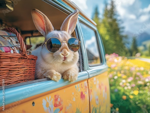  Bunny in sunglasses pokes head out camper van window during spring road trip, surrounded by luggage, picnic baskets, and blurred colorful scenery.