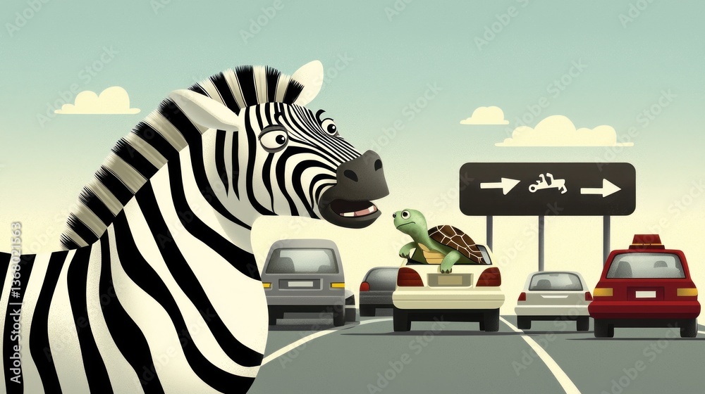Fototapeta premium Animated zebra and turtle encounter in traffic jam city cartoon scene humorous creative concept