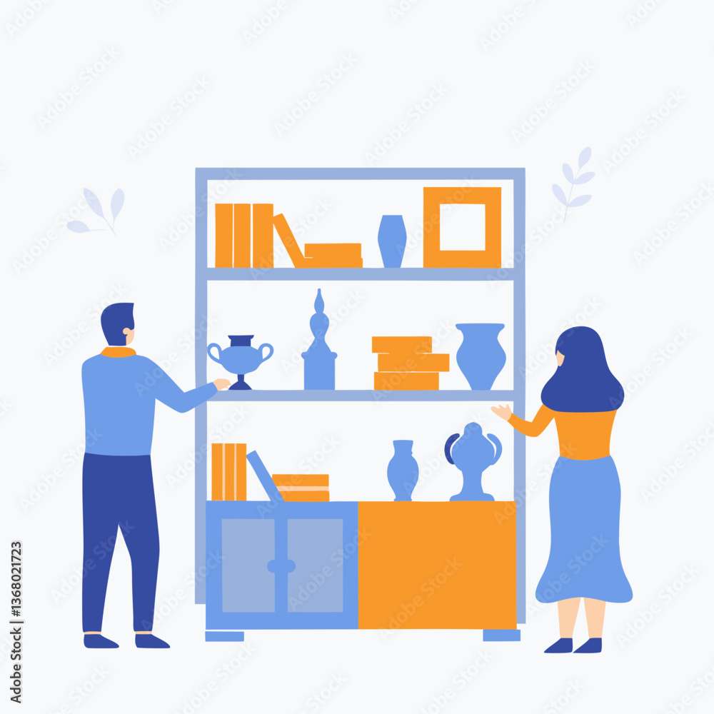 A man and a woman are looking at a shelf full of books and vases. The scene is set in a library or a bookstore