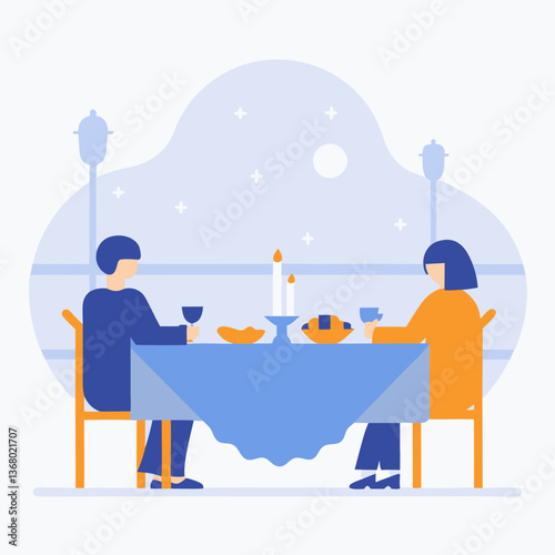 A man and woman are sitting at a table with candles and wine glasses. Scene is romantic and intimate