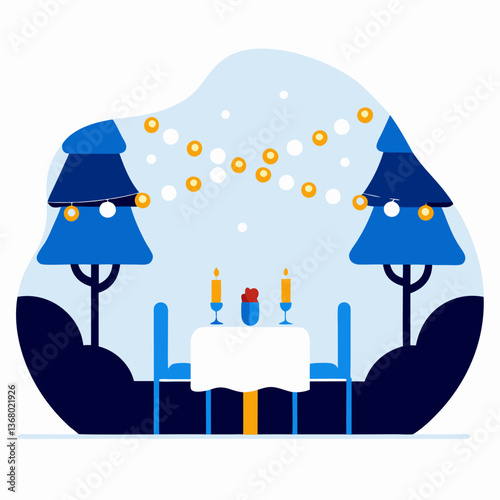A blue and white drawing of a table with candles and wine glasses. The table is set for two people, and there are trees in the background. Scene is romantic and intimate