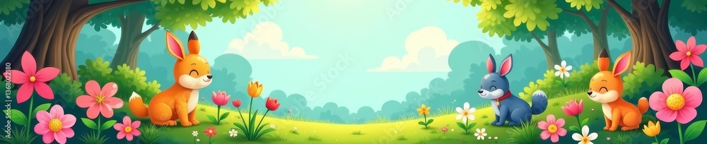 Cartoon flowers and animals in a whimsical spring forest setting, nature, cartoon, seamless pattern