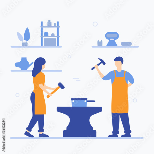 Two people are working on a project together, one of them is holding a hammer. The scene is set in a workshop with shelves and a pot on the ground. Scene is collaborative and productive