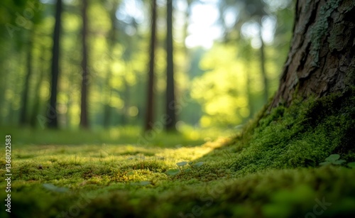 Exploring Mossy Forest Floor Around Tree Trunk with Soft Sunlight