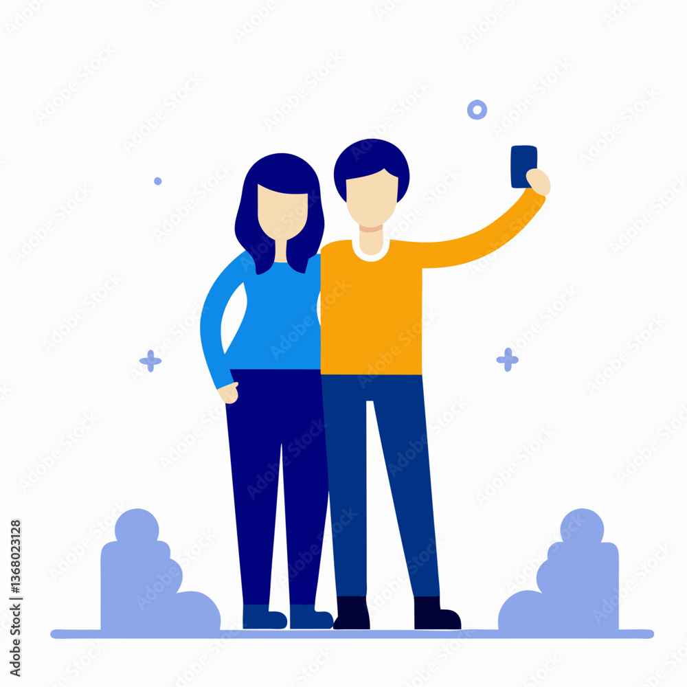 A man and a woman are taking a selfie together. The man is holding a cell phone and the woman is standing next to him. Concept of togetherness and connection between the two people A man and a woman are taking a selfie together. The man is holding a cell phone and the woman is standing next to him. Concept of togetherness and connection between the two people