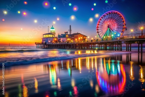 Santa Monica Pier Night Lights Bokeh, Romantic California Coastline