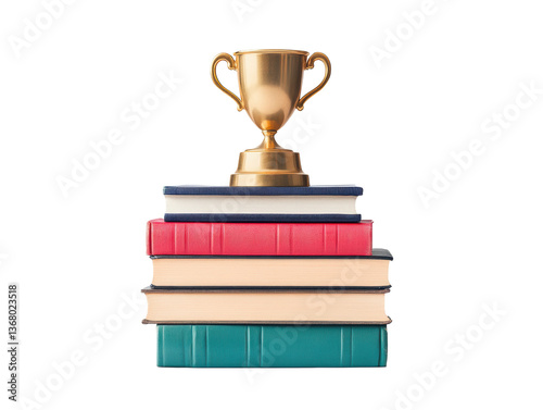 Award trophy atop stacked books representing academic achievement on a transparent background, cut out